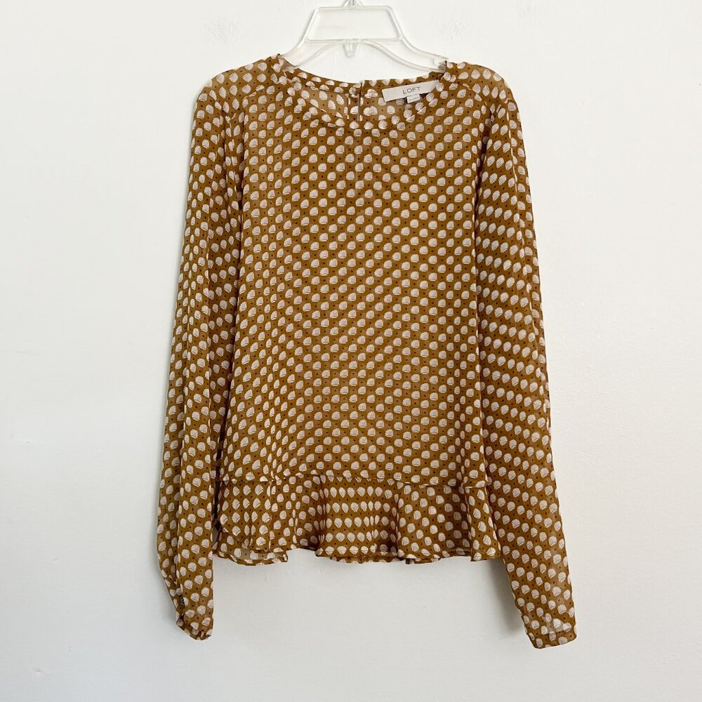 Ann Taylor LOFT // chiffon mustard yellow peplum patterned blouse XS